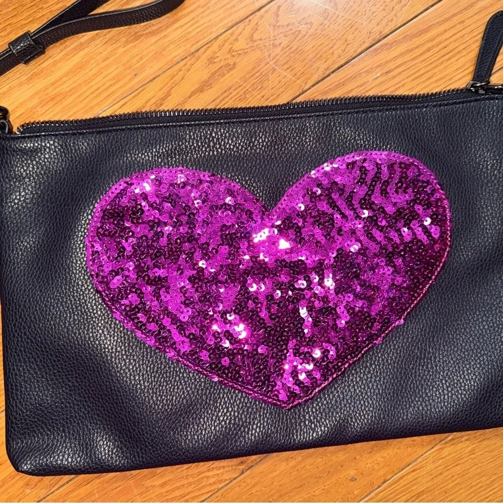 JustFab Black Clutch with Pink Sequin Heart